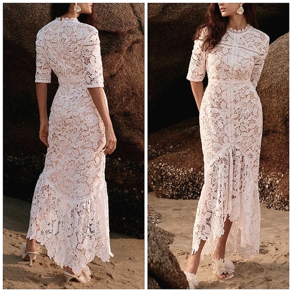 New Beautiful Embroidered Lace Overlay High Low Maxi Dress White Tan Cream - Picture 1 of 8